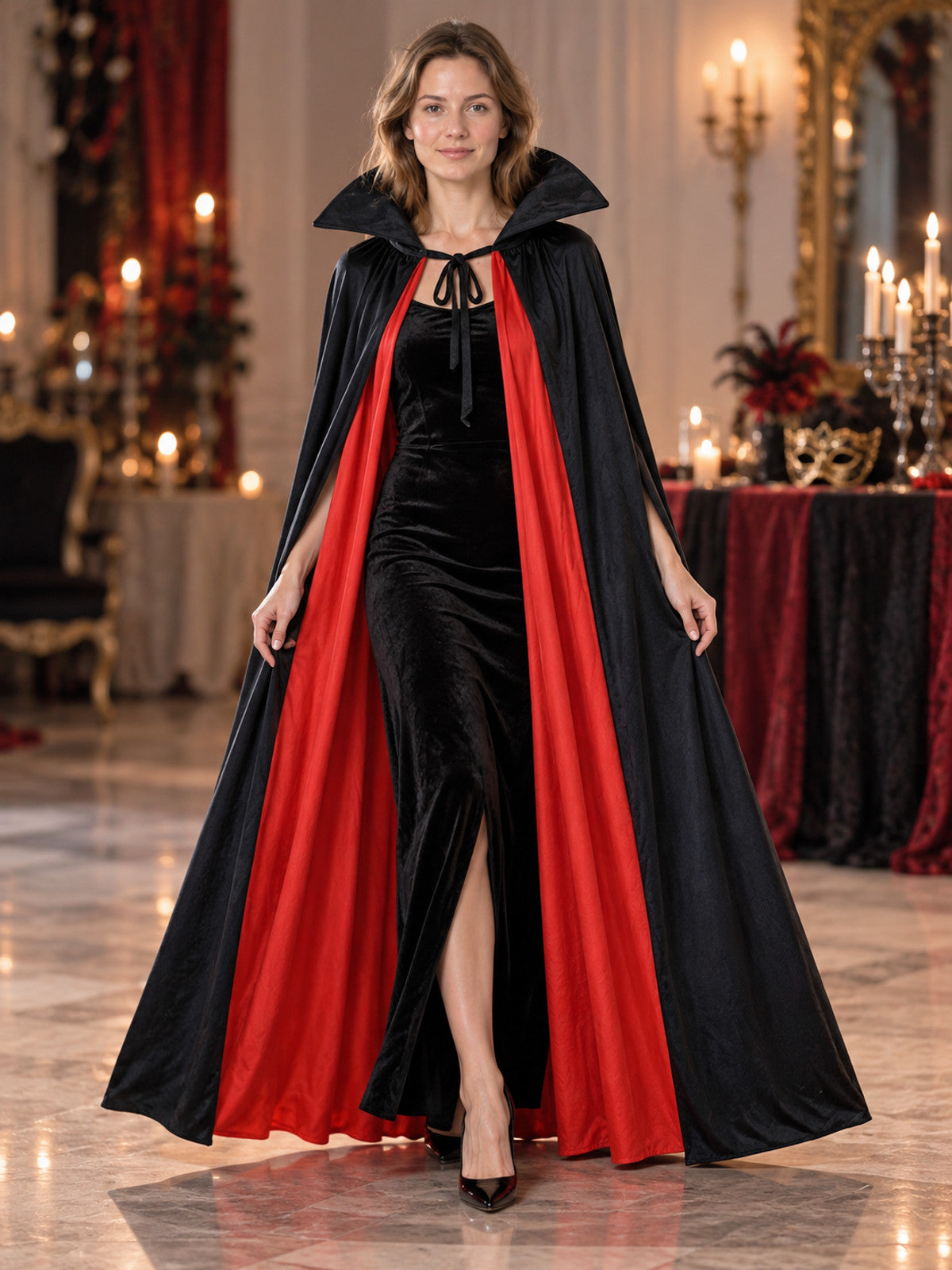 Long black and red cape cloak for carnival costume