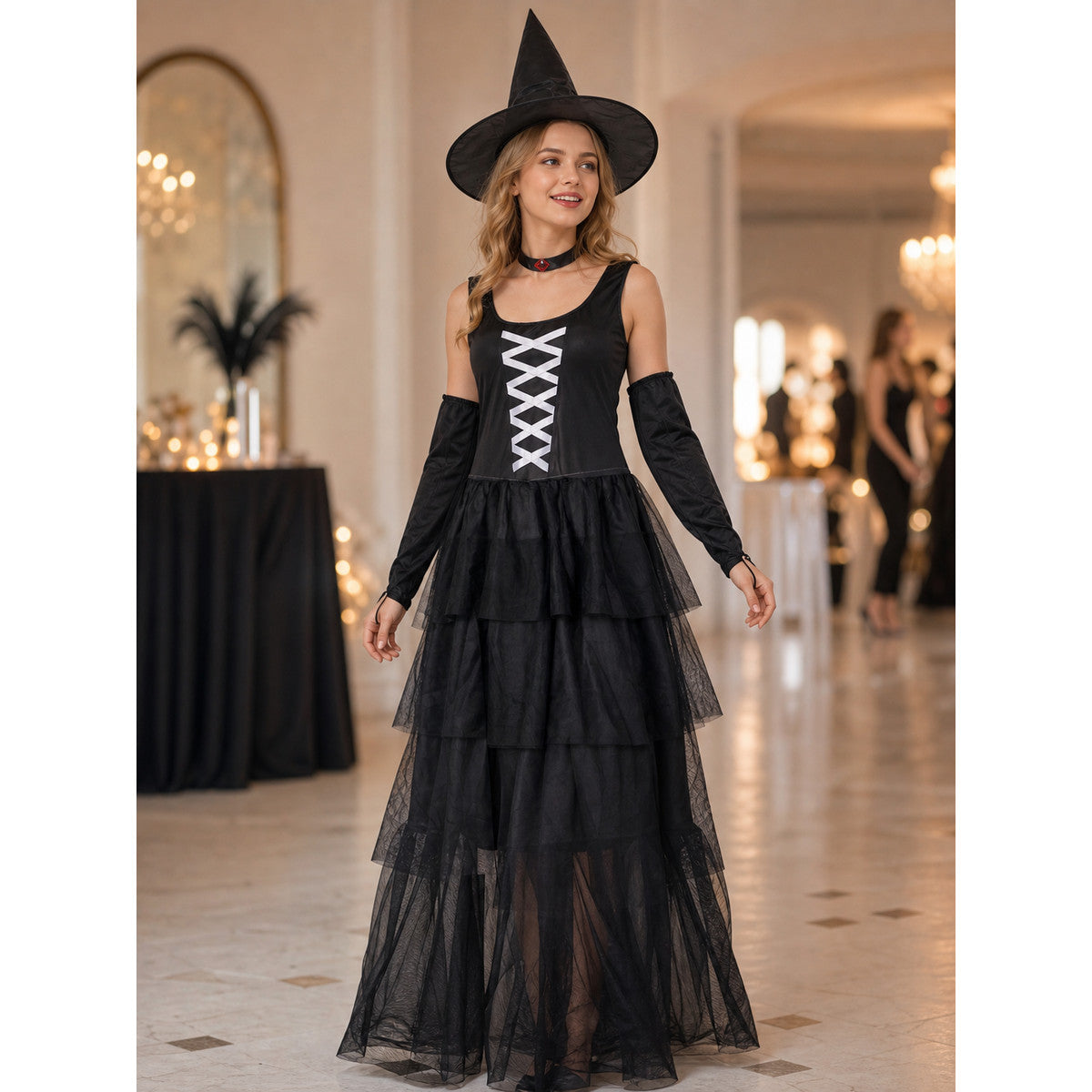 Witch Cosplay Costume with Hat and Layered Skirt