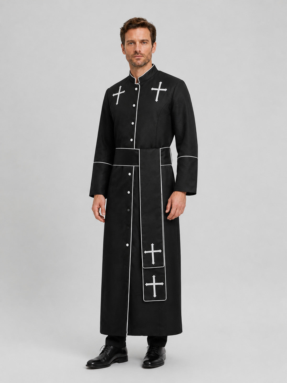 Long Black Cassock with a Cross for a Priest Costume