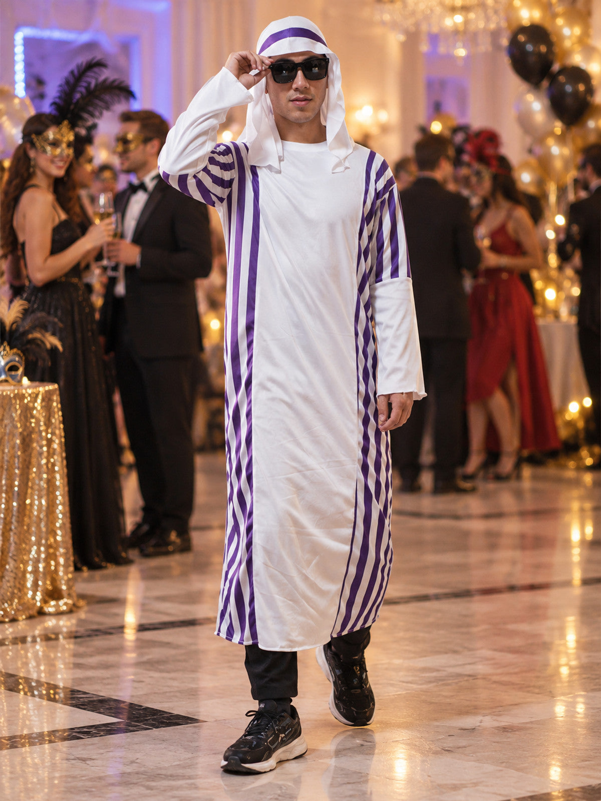 Carnival Costume with Purple Stripes and Headpiece