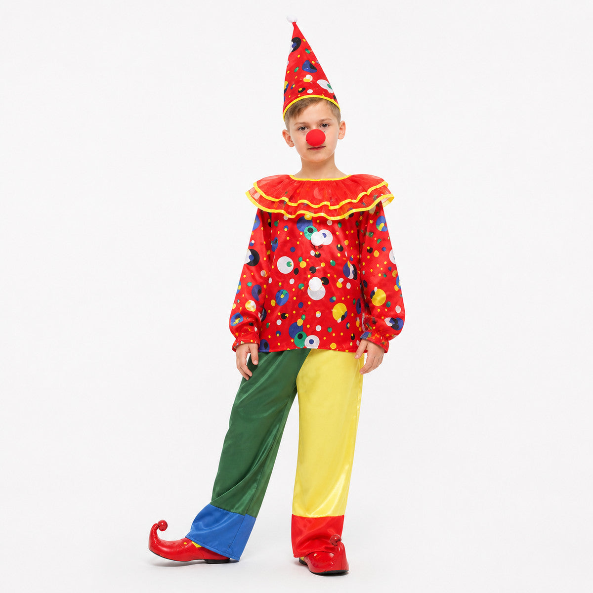 Carnival Clown Costume with Hat and Jabot on-model front view