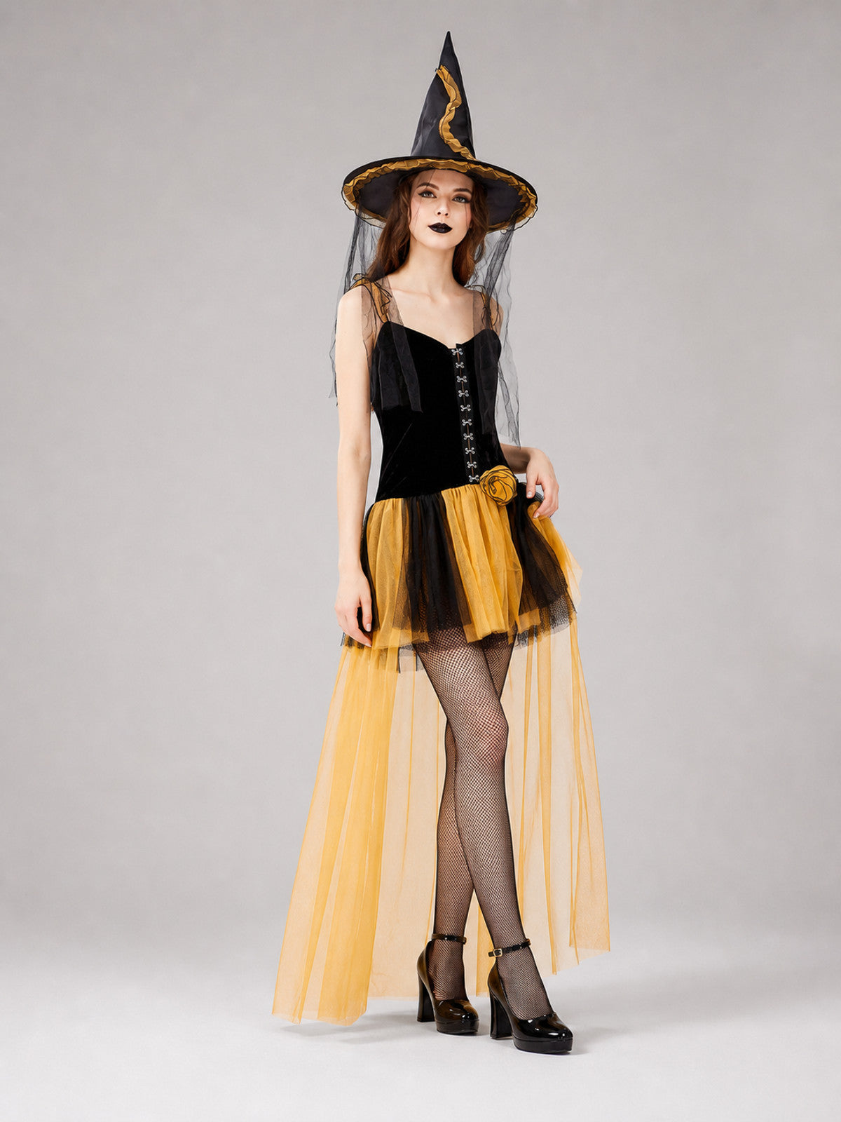 Witch-Style Costume Dress with a Yellow and Black Skirt