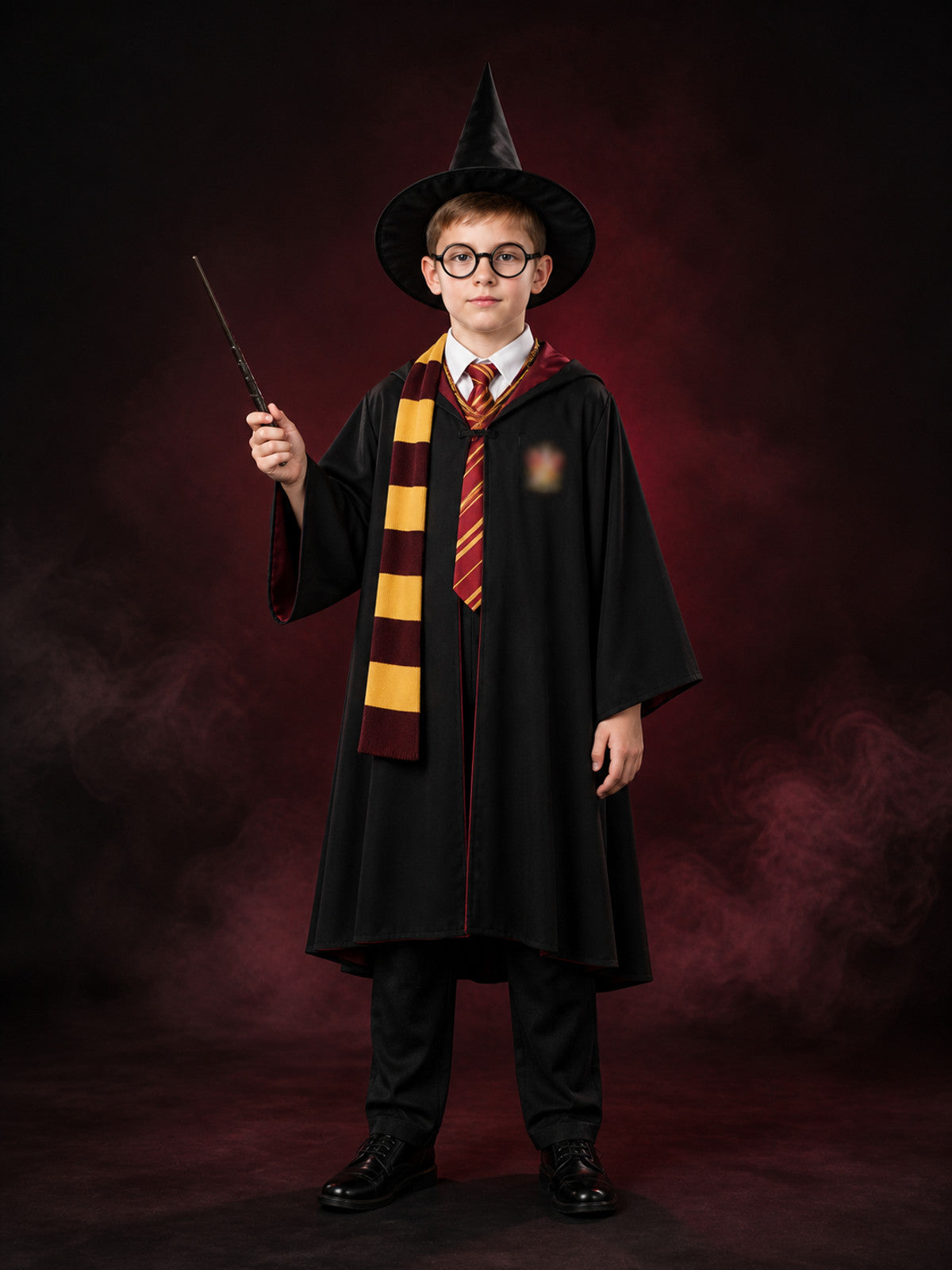 Wizard Costume Set, Hooded Cloak, Pointed Hat, Tie, Scarf, Wand and Glasses for