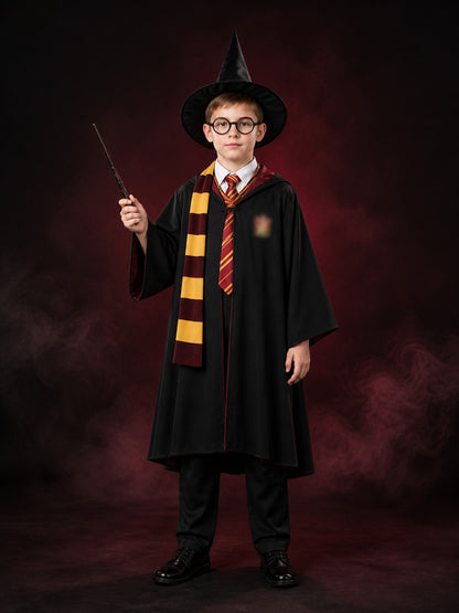 Wizard Costume Set, Hooded Cloak, Pointed Hat, Tie, Scarf, Wand and Glasses for