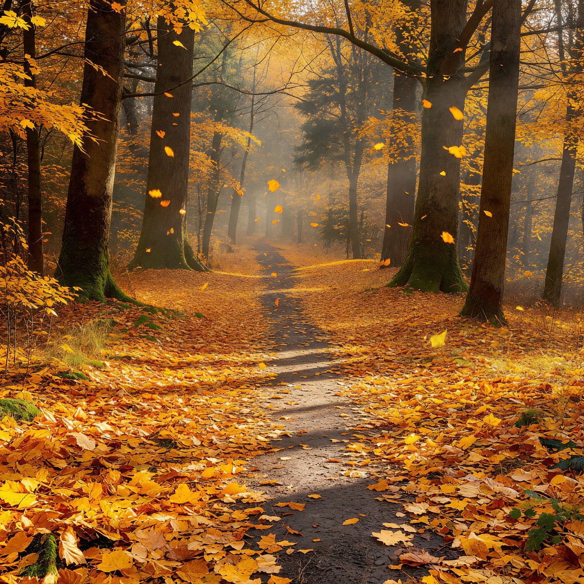 Autumn forest scene with a leaf-covered path, tall trees, and fallen orange leaves