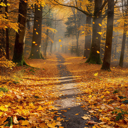 Autumn forest scene with a leaf-covered path, tall trees, and fallen orange leaves