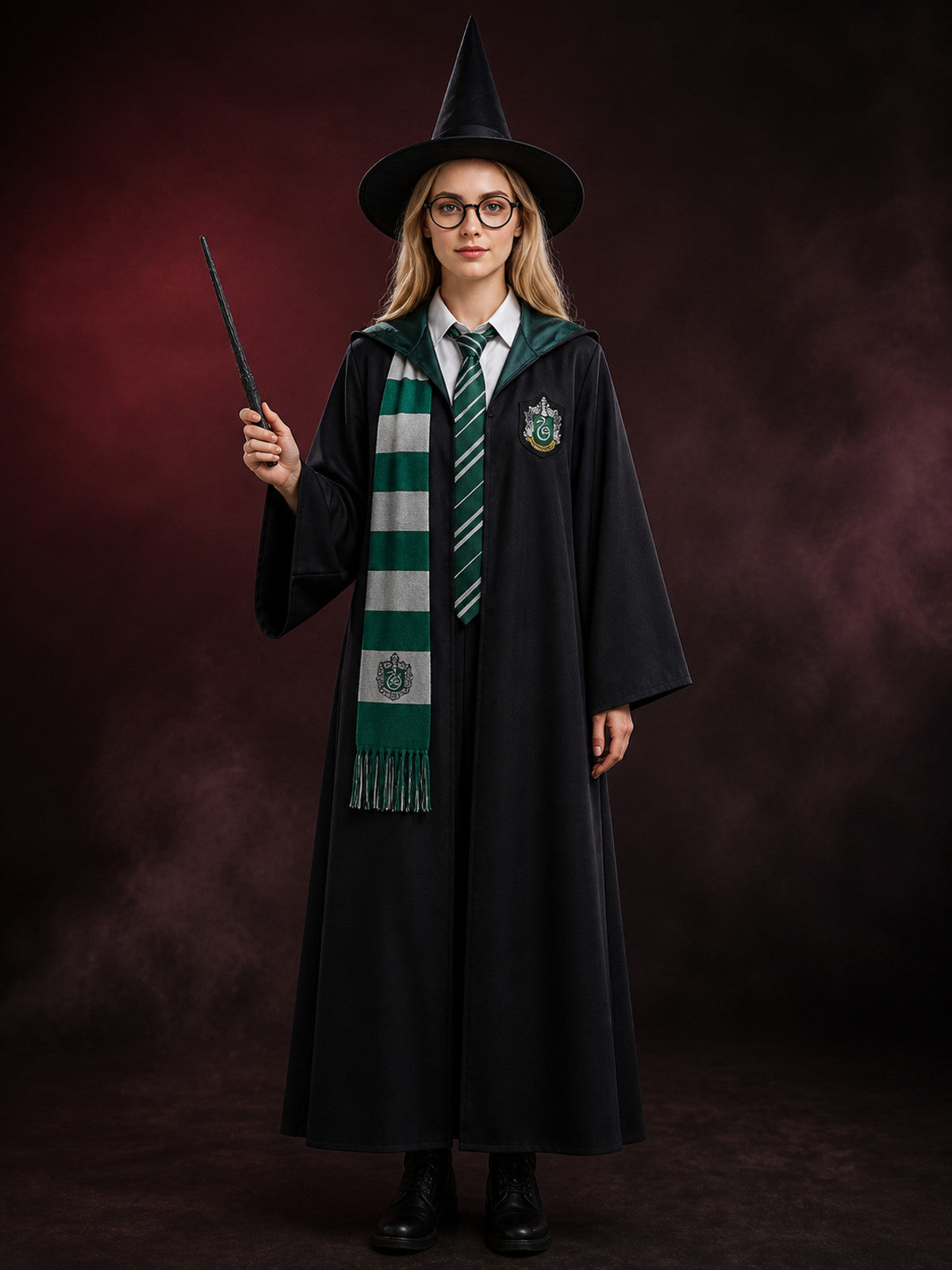 Green Wizard Costume Set: Hooded Robe, Hat, Tie, Scarf, Glasses & Wand main product view