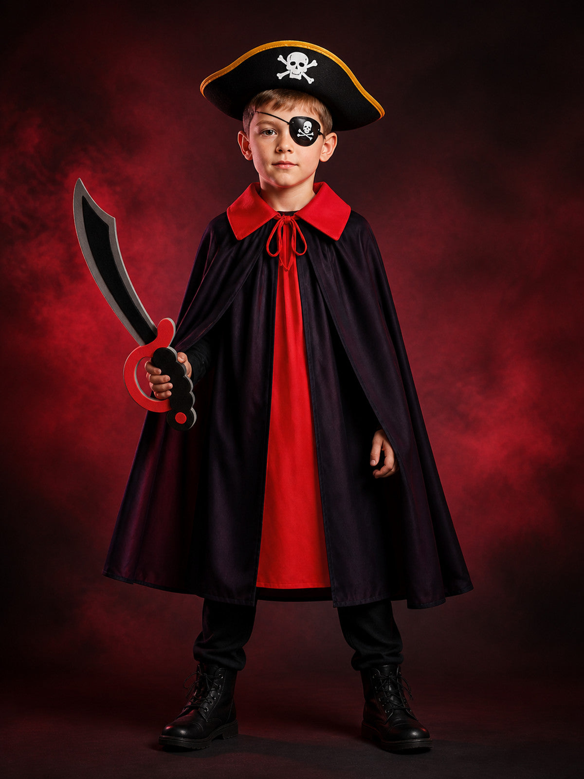 Pirate Cape Costume Set for Kids with Hat, Eye Patch & Toy Sword, Halloween