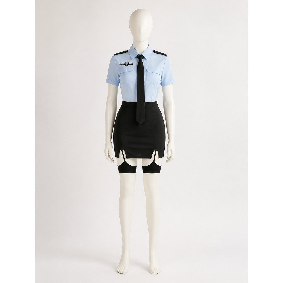 Women's Police Officer Cosplay Costume Set, Light Blue Top with Black Tie and main product view