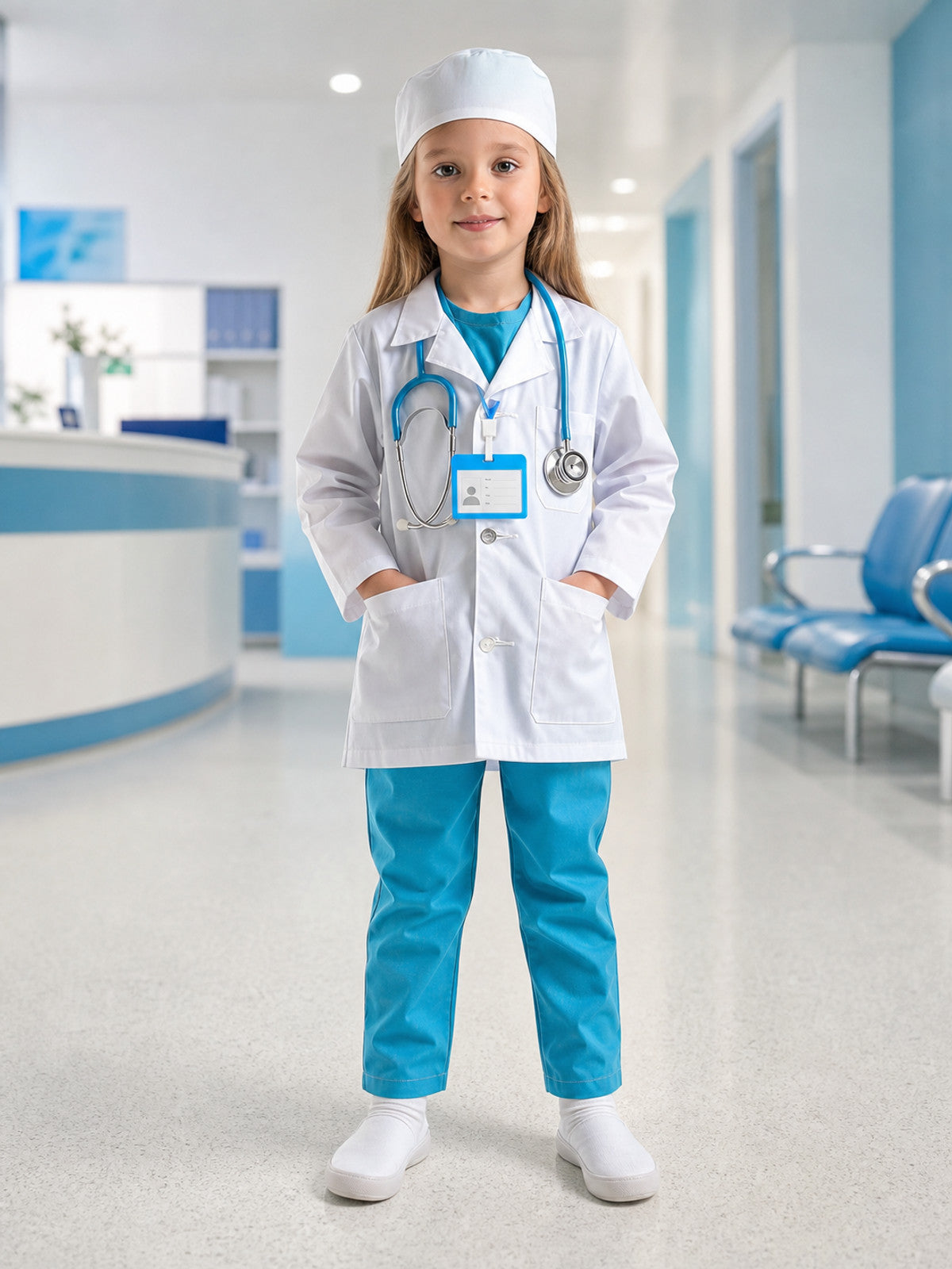 Full-body styled scene showing a child in a white doctor coat and cap with blue pants, stethoscope, and ID badge