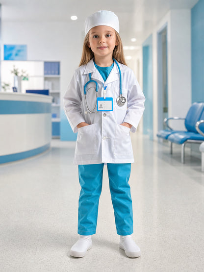 Full-body styled scene showing a child in a white doctor coat and cap with blue pants, stethoscope, and ID badge