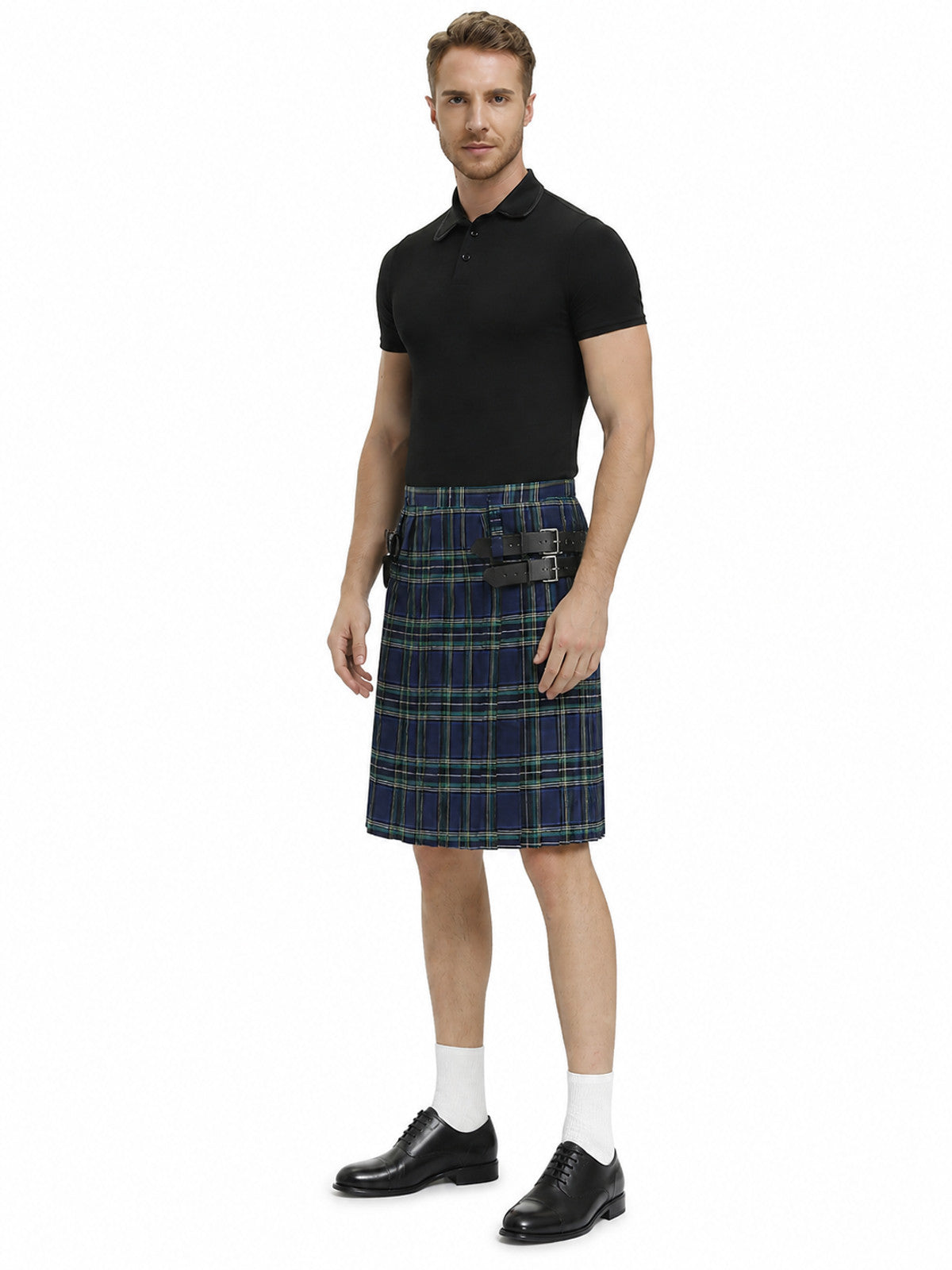 Pleated Plaid Skirt with Straps and Buckles