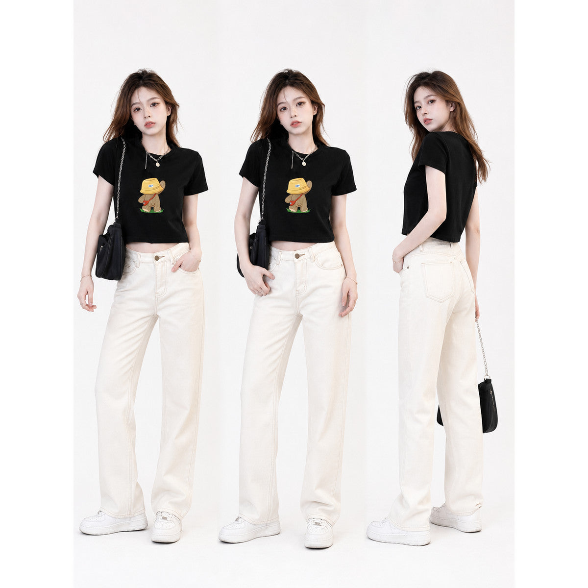 Women's black cropped T-shirt with print lifestyle