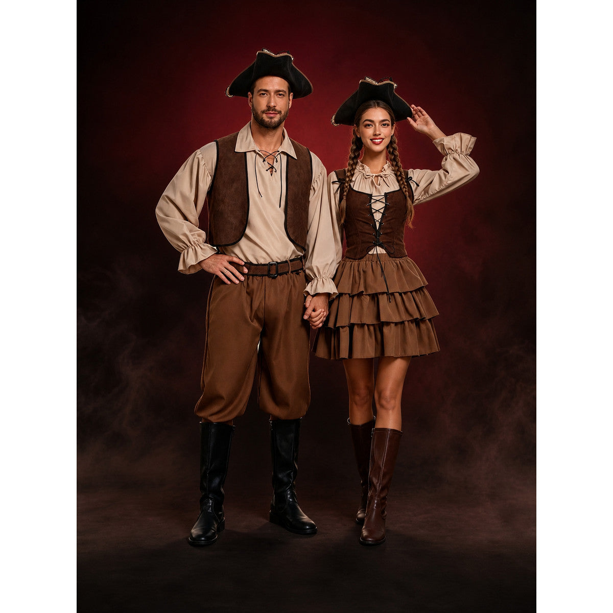 Couple's Retro Pirate Costume Set - Lace-Up Corset Dress & Vest For Halloween main product view