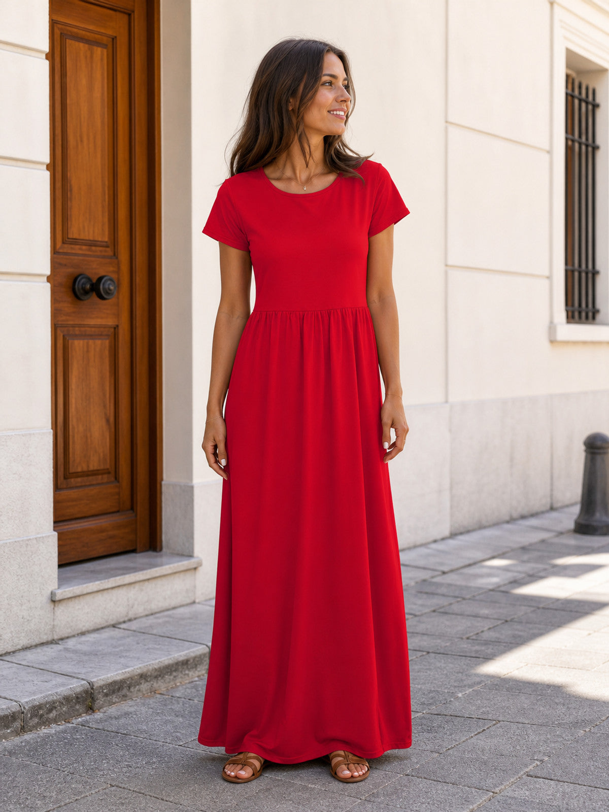 Red Women's Maxi Dress with Short Sleeves and Ruching Costume Dresses detail