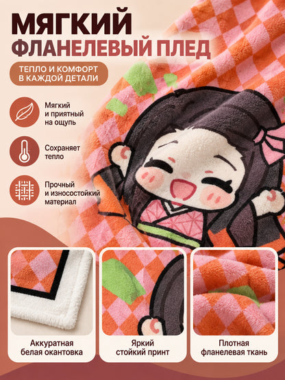 Orange and pink flannel blanket with cartoon print