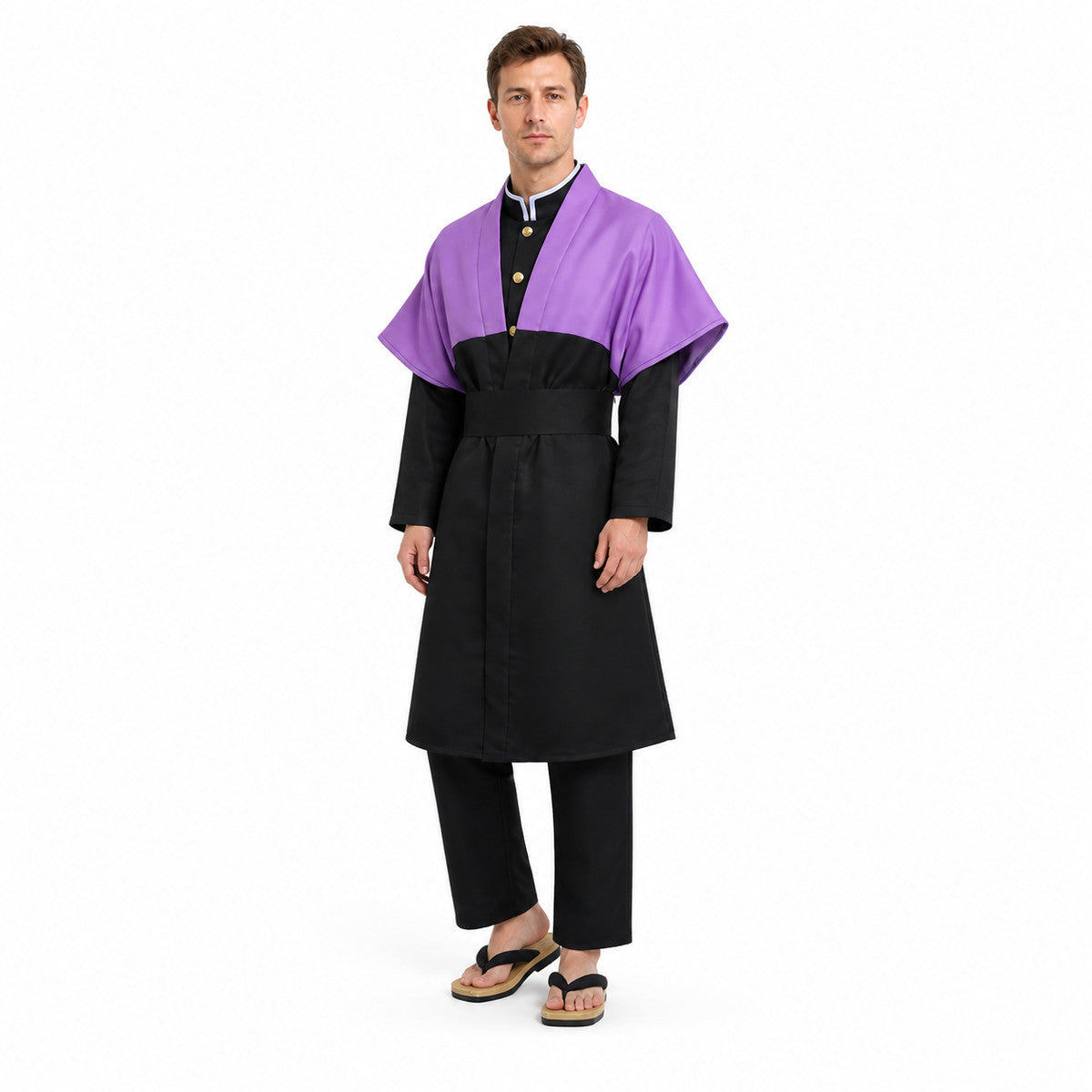 Shinobu Costume: Purple Jacket, Black Shirt, Pants, and Belt on-model front view