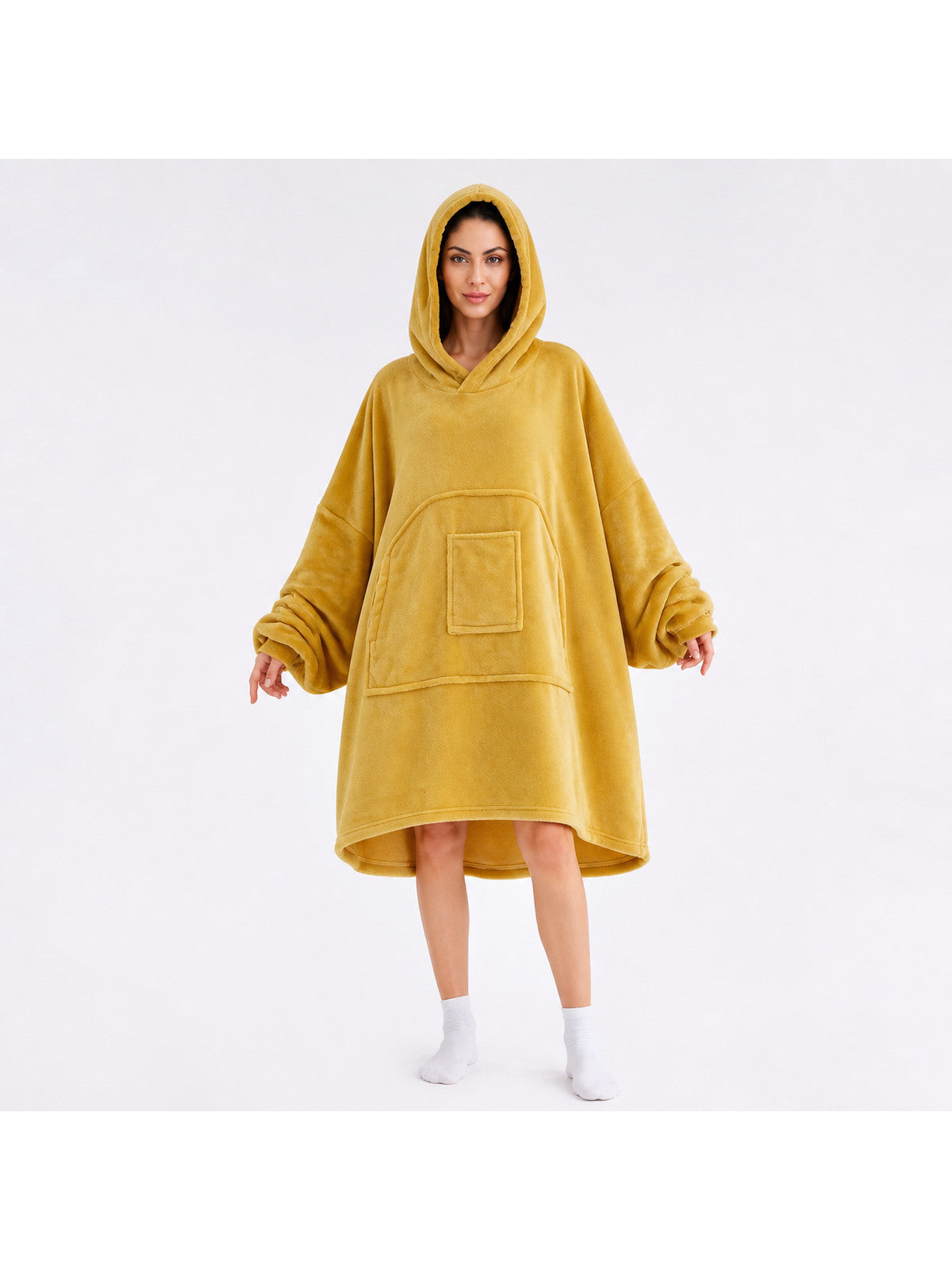 Golden Yellow Oversized Hooded Long Coat with Large Front Pockets, Loose Fit
