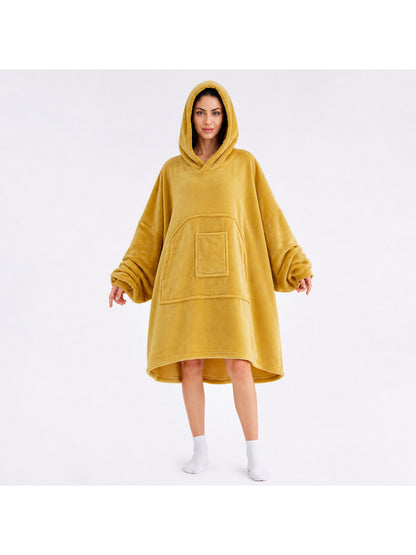 Golden Yellow Oversized Hooded Long Coat with Large Front Pockets, Loose Fit