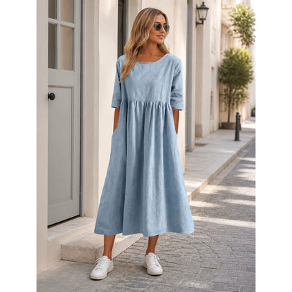 Long Loose-Fit Dress with a Round Neckline and 7/8 Sleeves