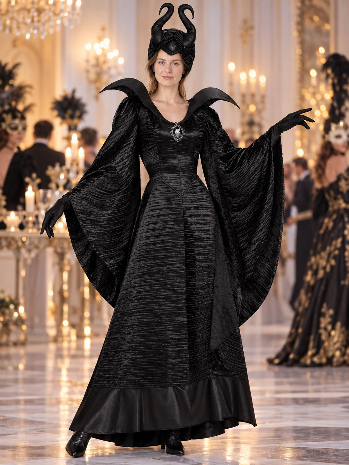 Maleficent Costume: Black Dress, Horns, Brooch