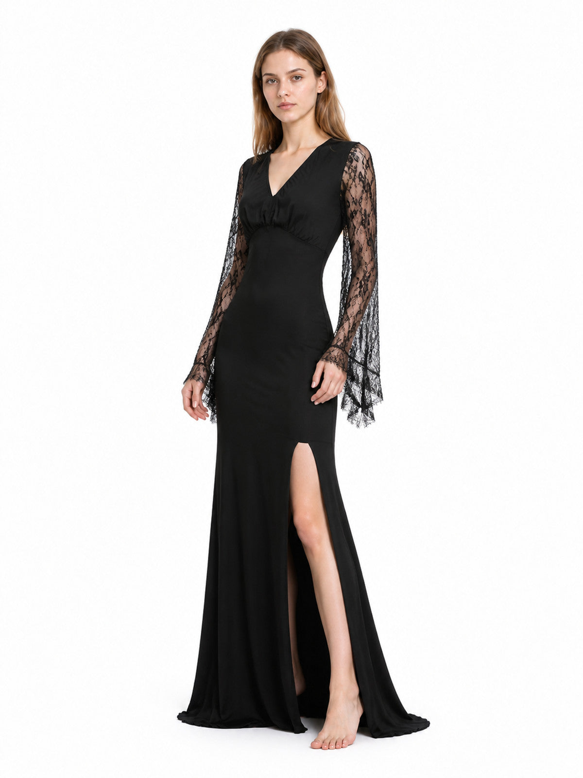 Black Dress with V-Neck and Lace Sleeves Costume Dresses detail