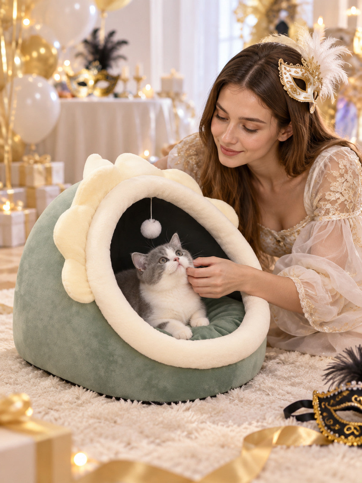 Pet House Bed with Hanging Ball lifestyle view