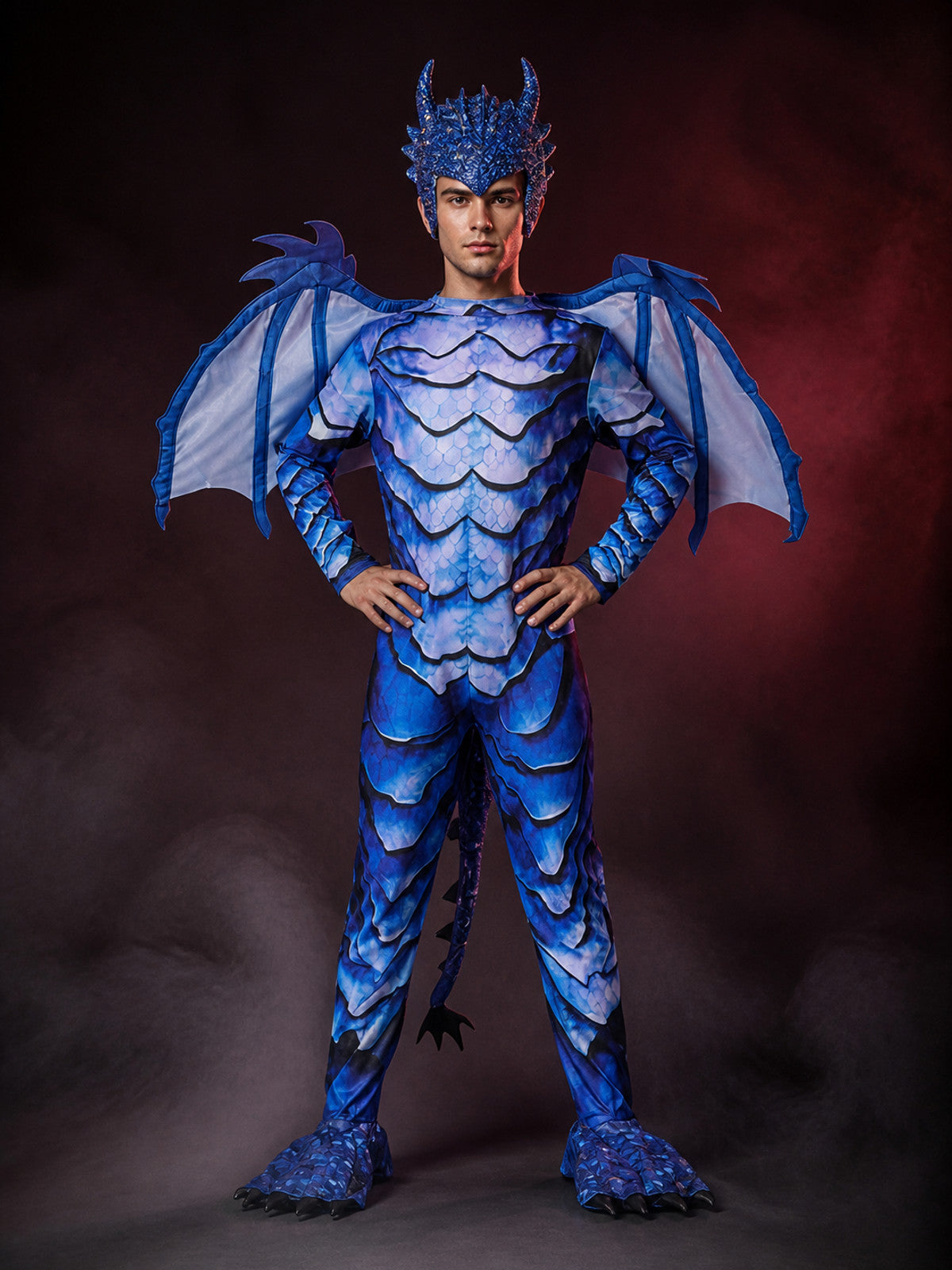 Kids' Blue Frost Dragon Knight Costume with Wings, Tail & Spikes, Halloween main product view