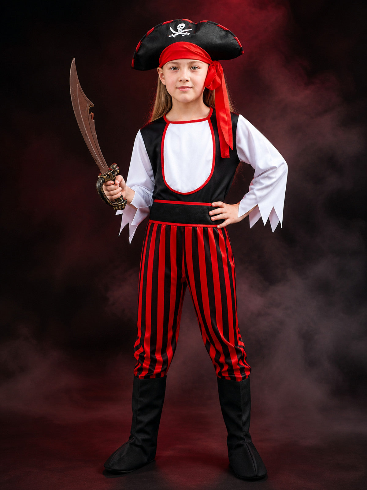 Kids Pirate Halloween Costume Set, Black White Red Striped Outfit with Skull Hat main product view