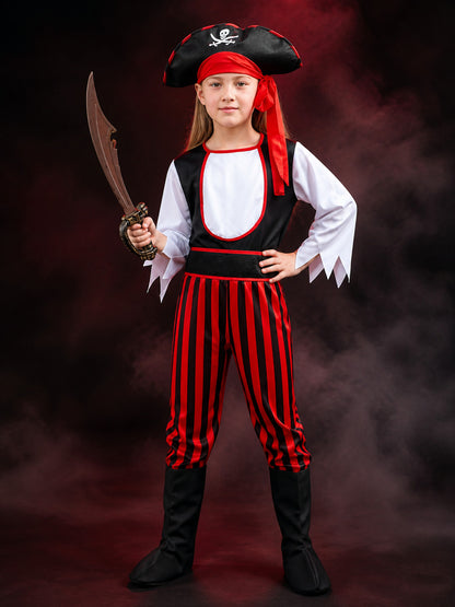 Kids Pirate Halloween Costume Set, Black White Red Striped Outfit with Skull Hat main product view