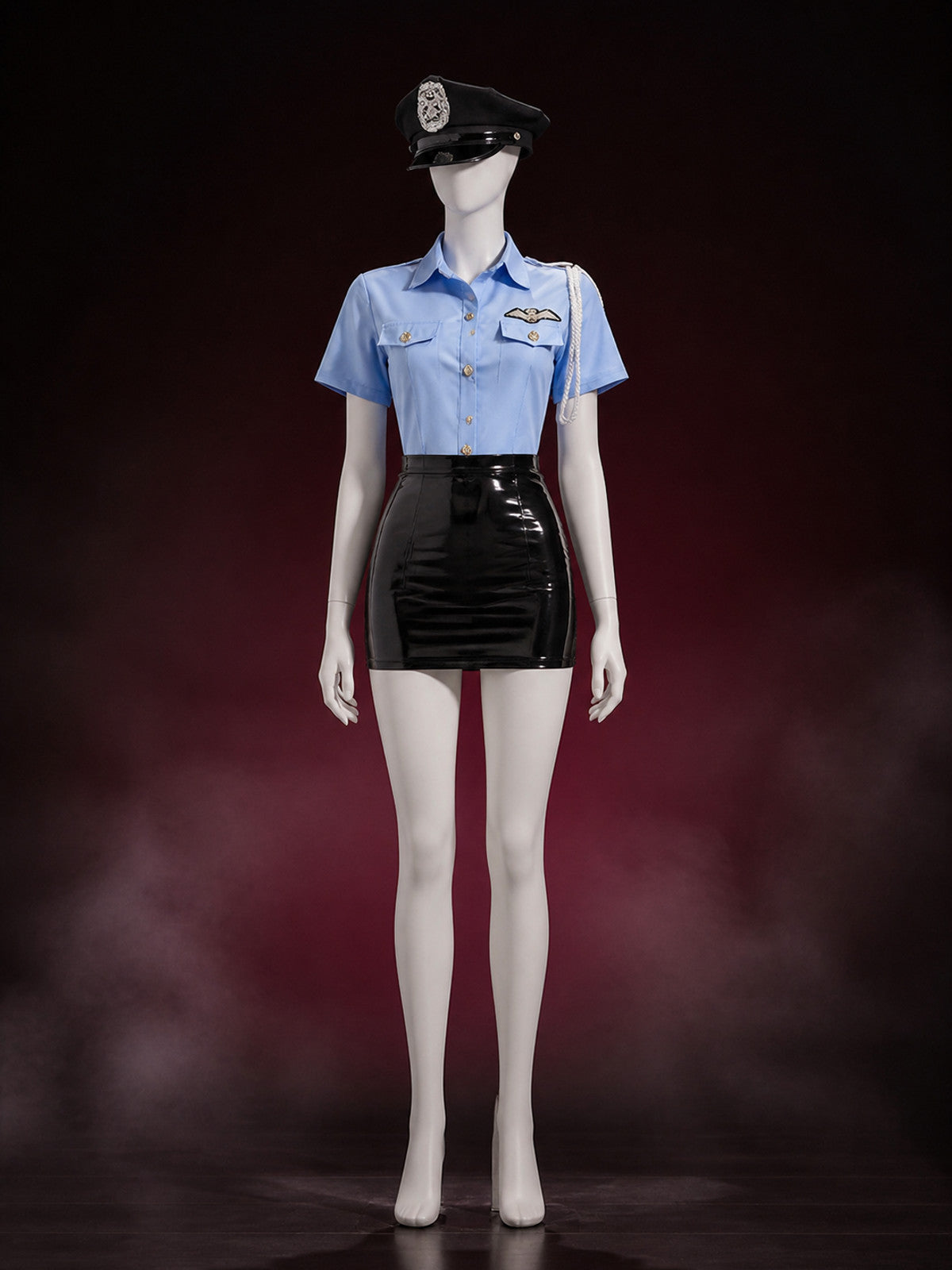 Women's Sexy Police Costume Set - Light Blue Uniform Top with Black Hat and main product view