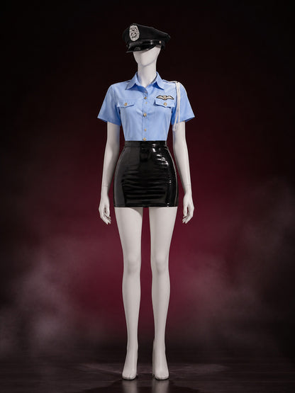 Women's Sexy Police Costume Set - Light Blue Uniform Top with Black Hat and main product view