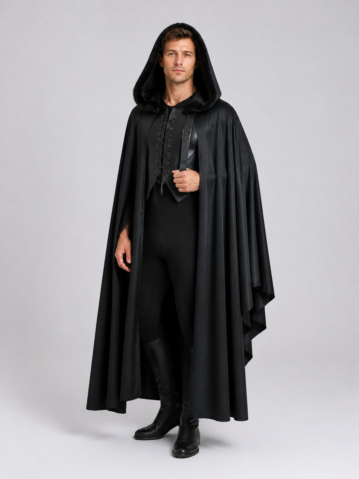 Black Medieval Hooded Cloak for Cosplay Costume Capes detail