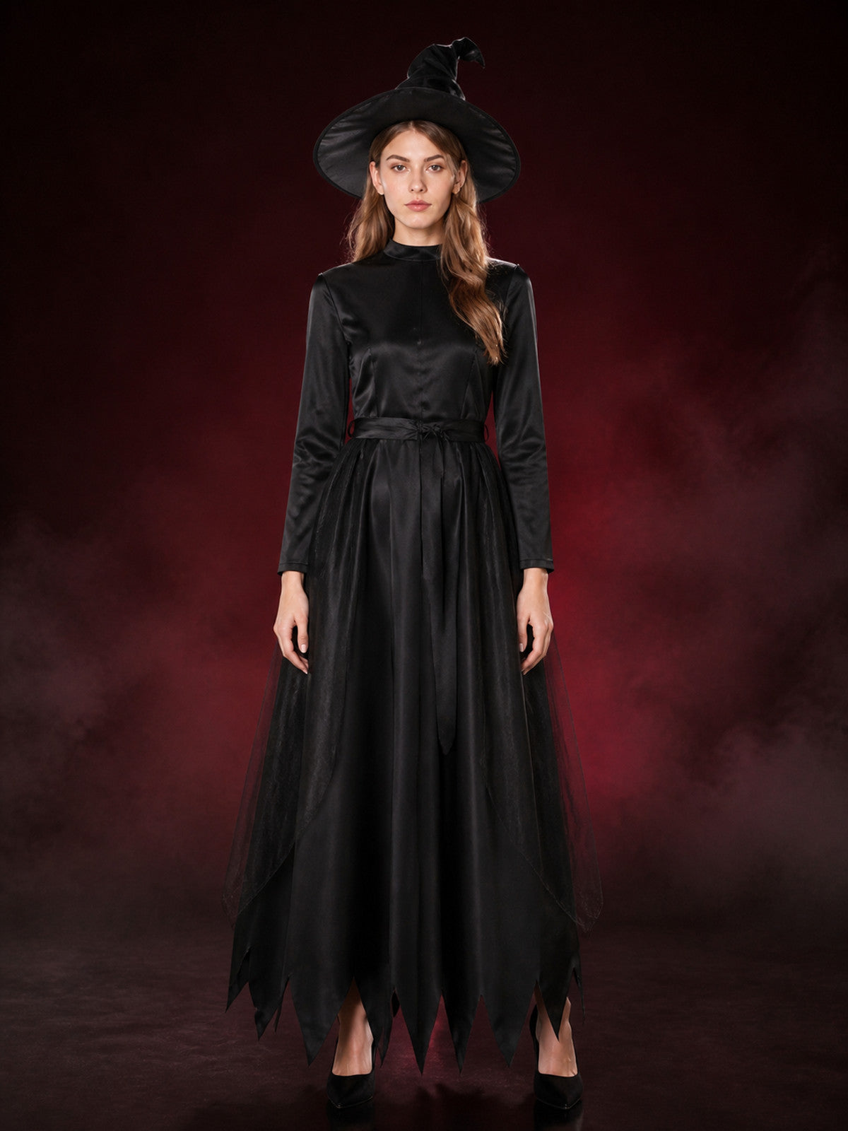 Women's Black Witch Costume Set, Long-Sleeve Dress With Pointed Hat main product view