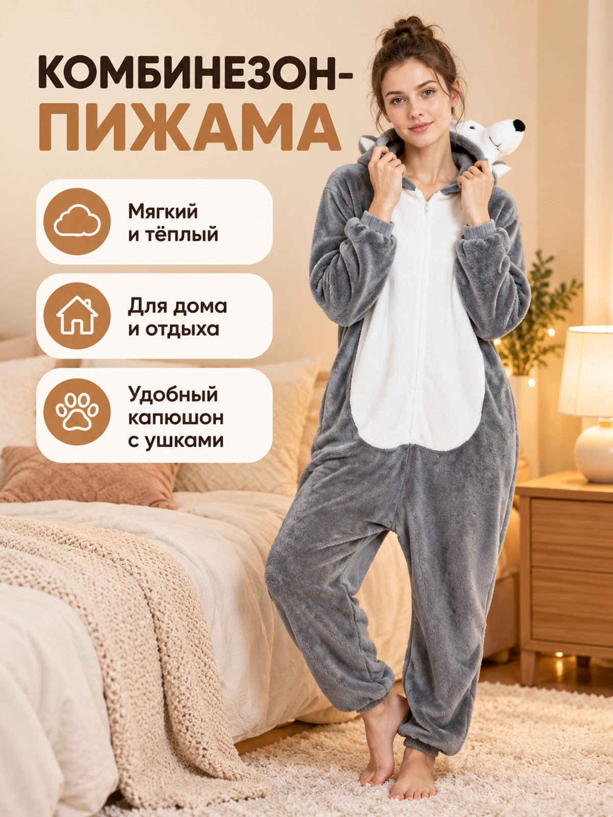 Flannel Pajama Jumpsuit with Hood and Ears, Gray