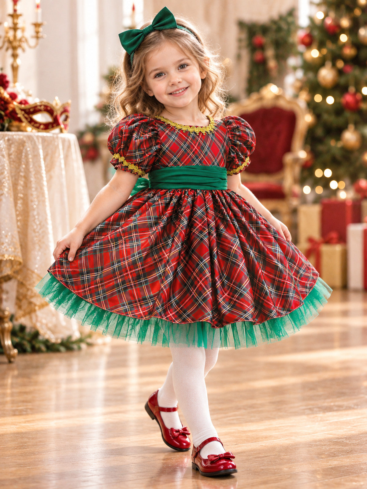 Festive Plaid Dress with Fluffy Skirt and Bow