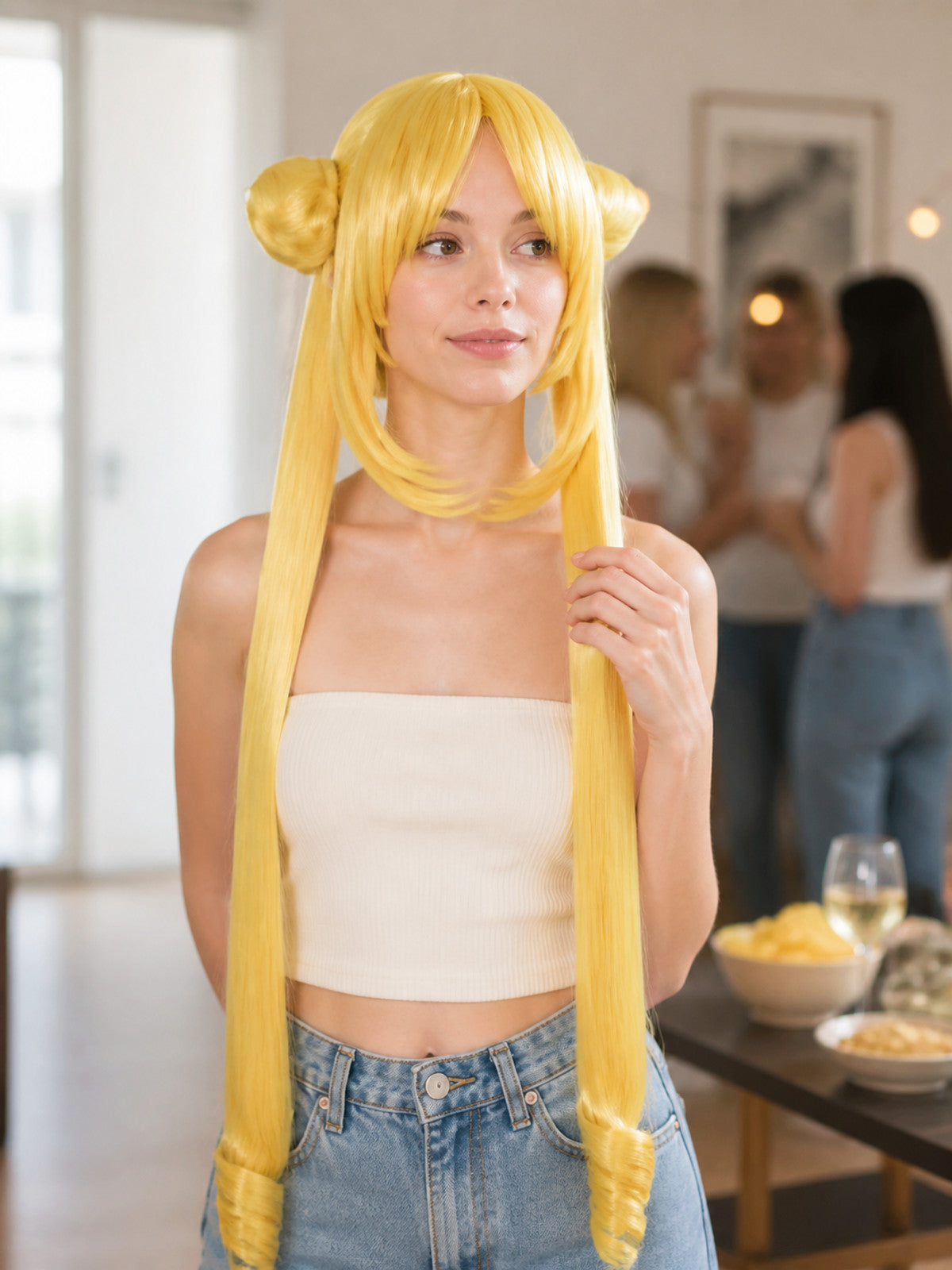 Blonde Anime Wig with Bangs, Double Buns for Cosplay lifestyle view