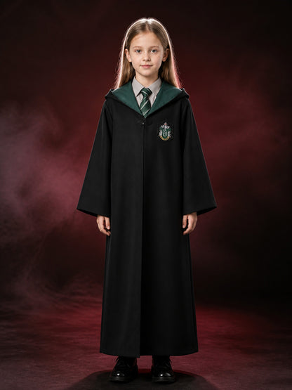 Slytherin Wizard Costume Set, Hooded Long Robe with Striped Tie main product view