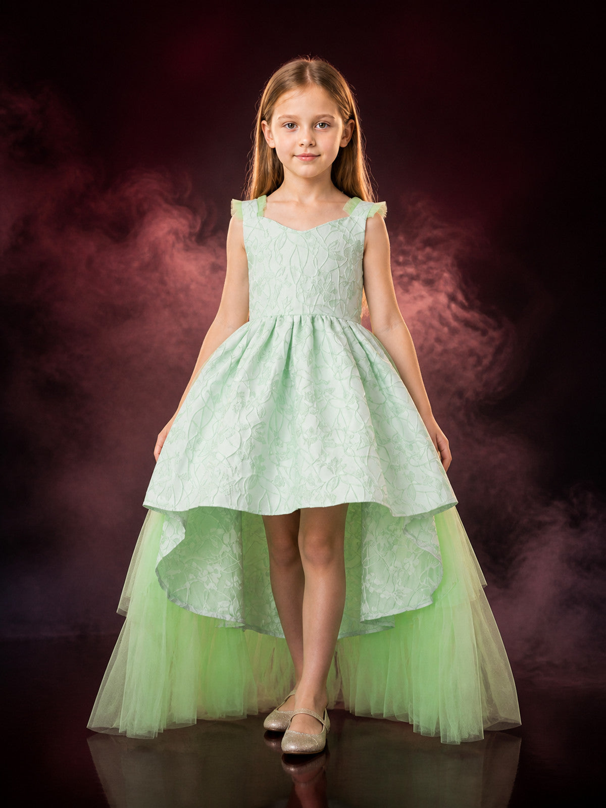Girls' Apple Green Princess Flower Girl Dress, V-Neck Sleeveless Layered Tulle main product view