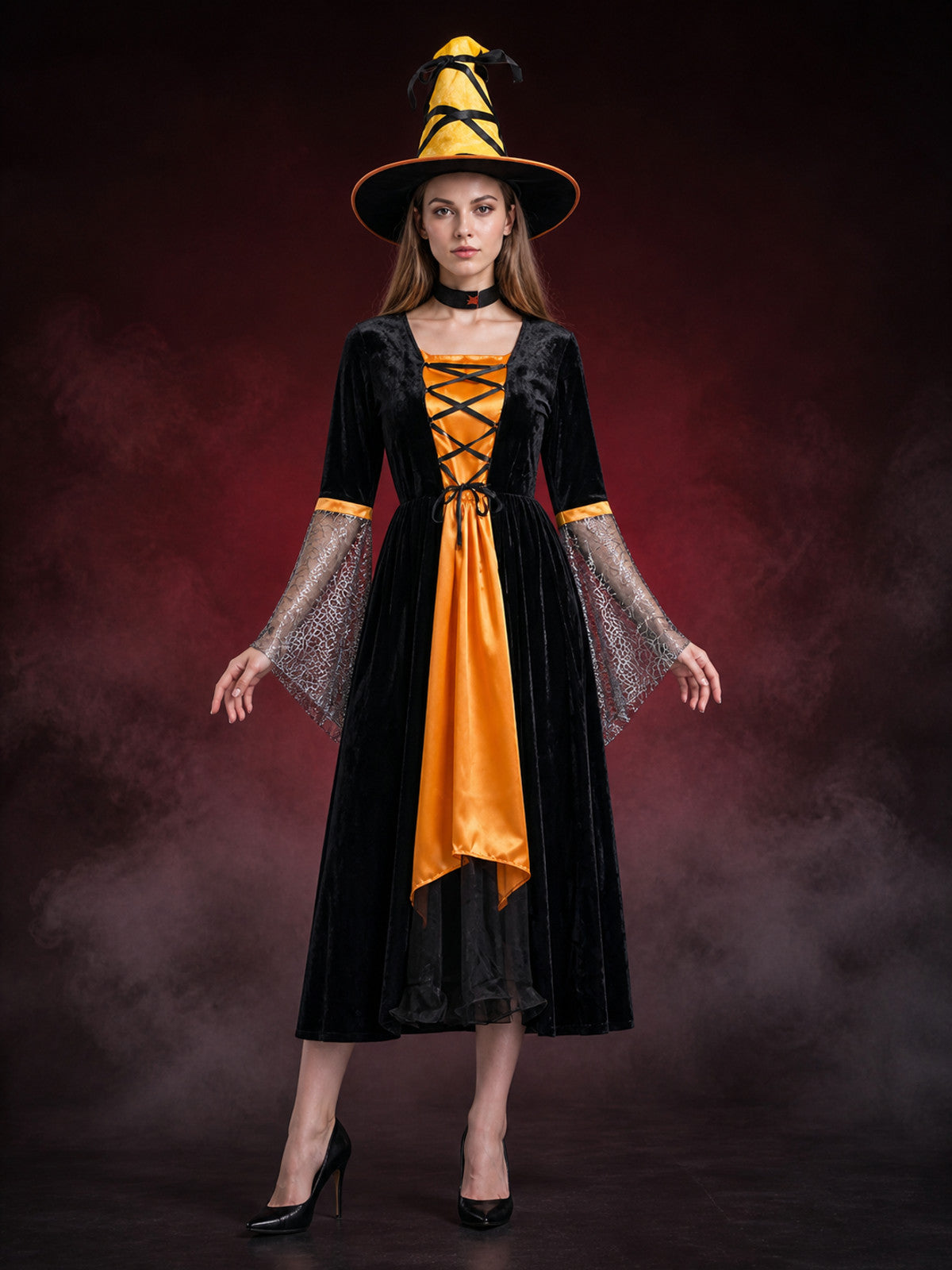 Women's Sexy Witch Costume Set with Hat and Sleeves, Black Orange Long Dress main product view