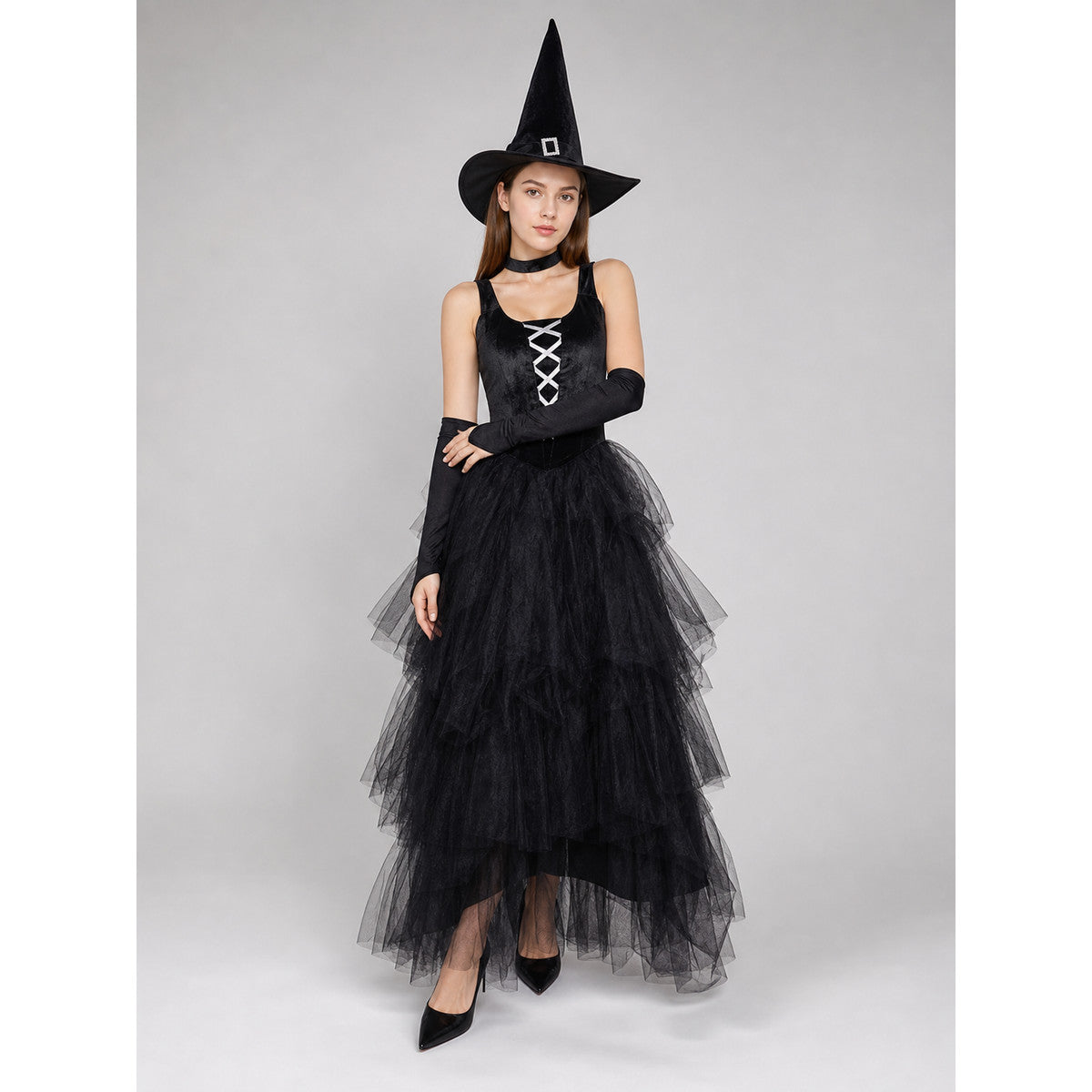 Halloween costume: black dress, hat, and gloves