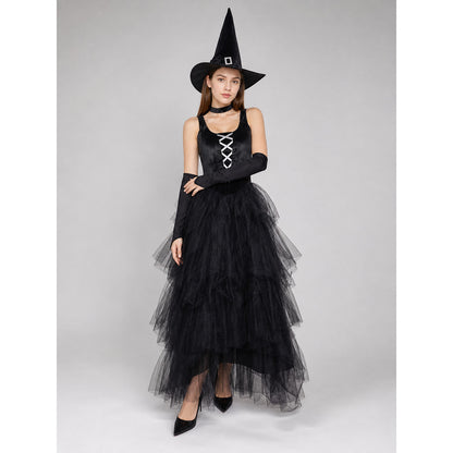 Halloween costume: black dress, hat, and gloves