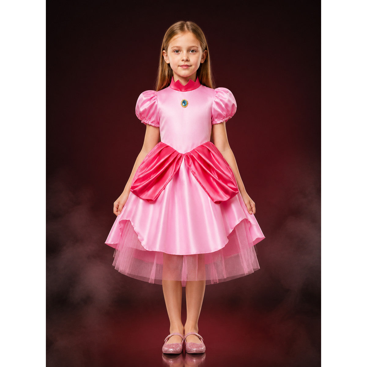 Girls Princess Peach Super Mario Halloween Costume Dress, Pink Tulle Puff Sleeve main product view