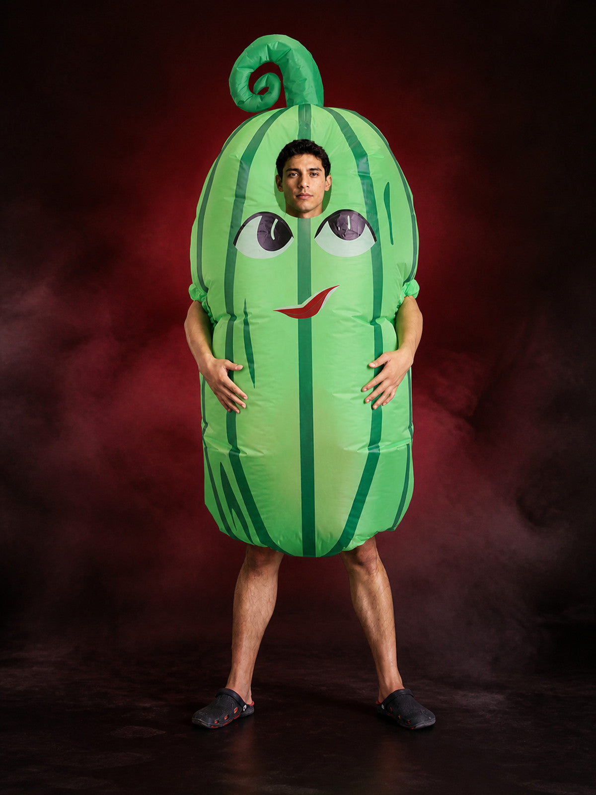 Inflatable Cactus Costume with Cartoon Face, Green Striped Halloween Outfit main product view
