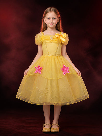 Girls Princess Costume Dress, Yellow Tutu with Pink Flowers - Halloween Party