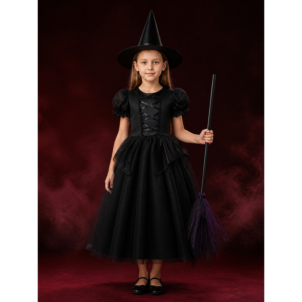 Kids Witch Costume Dress with Hat, Black & Purple Tutu Princess Halloween Outfit main product view