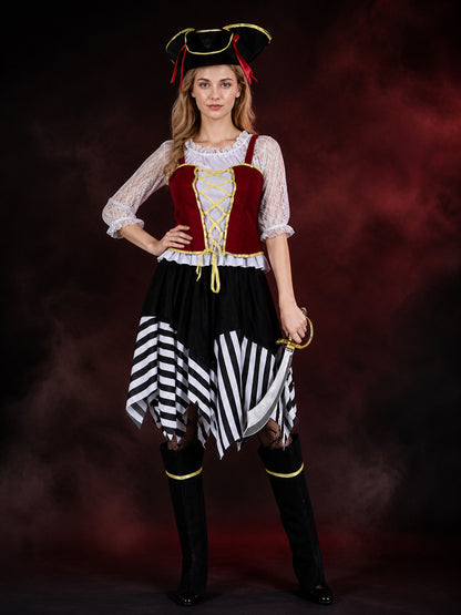 Women's Pirate Costume Set with Cross Chest Straps, Black and White Striped main product view