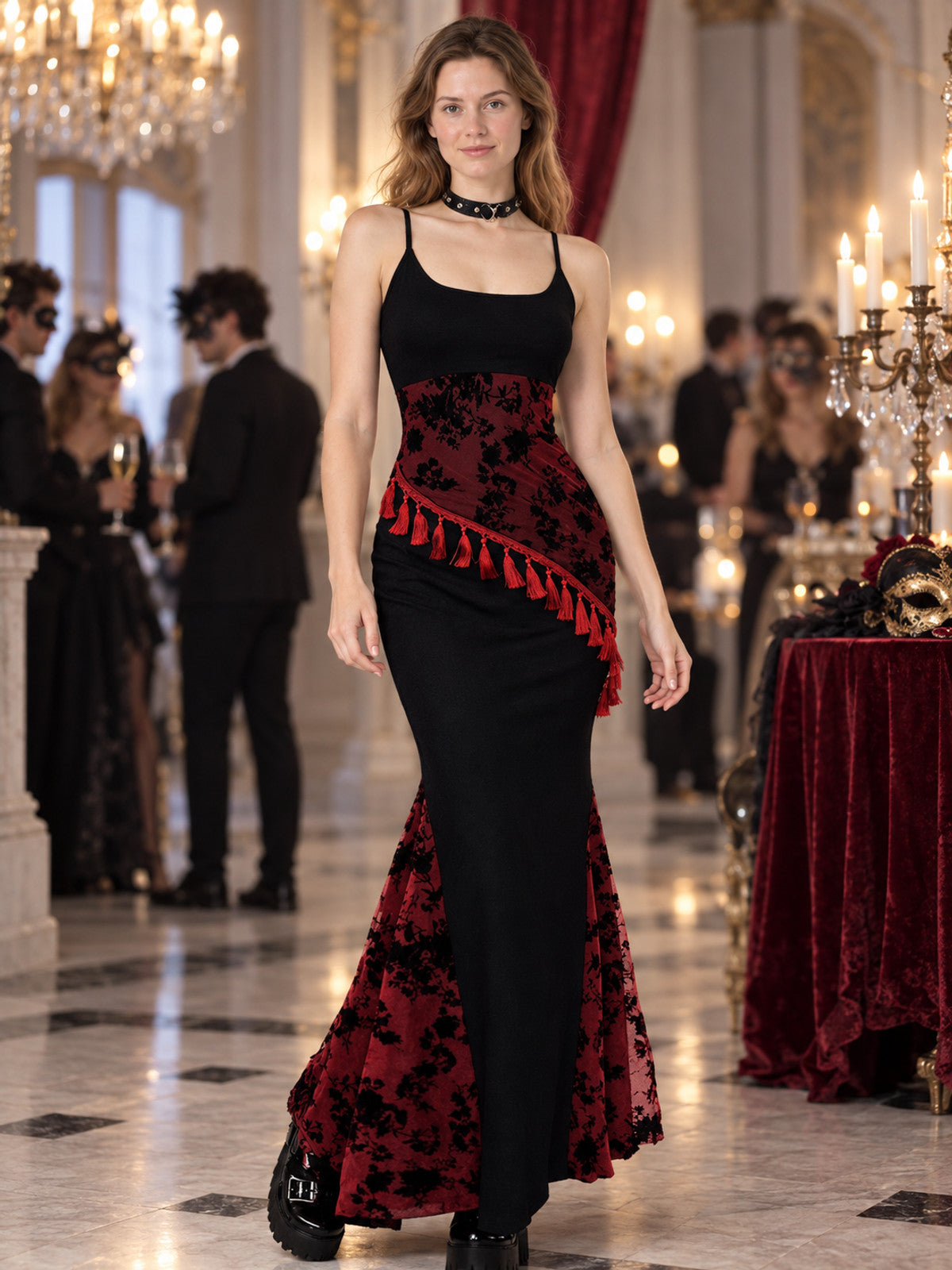 Gothic Black and Red Maxi Dress with Fringe