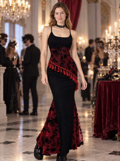 Gothic Black and Red Maxi Dress with Fringe