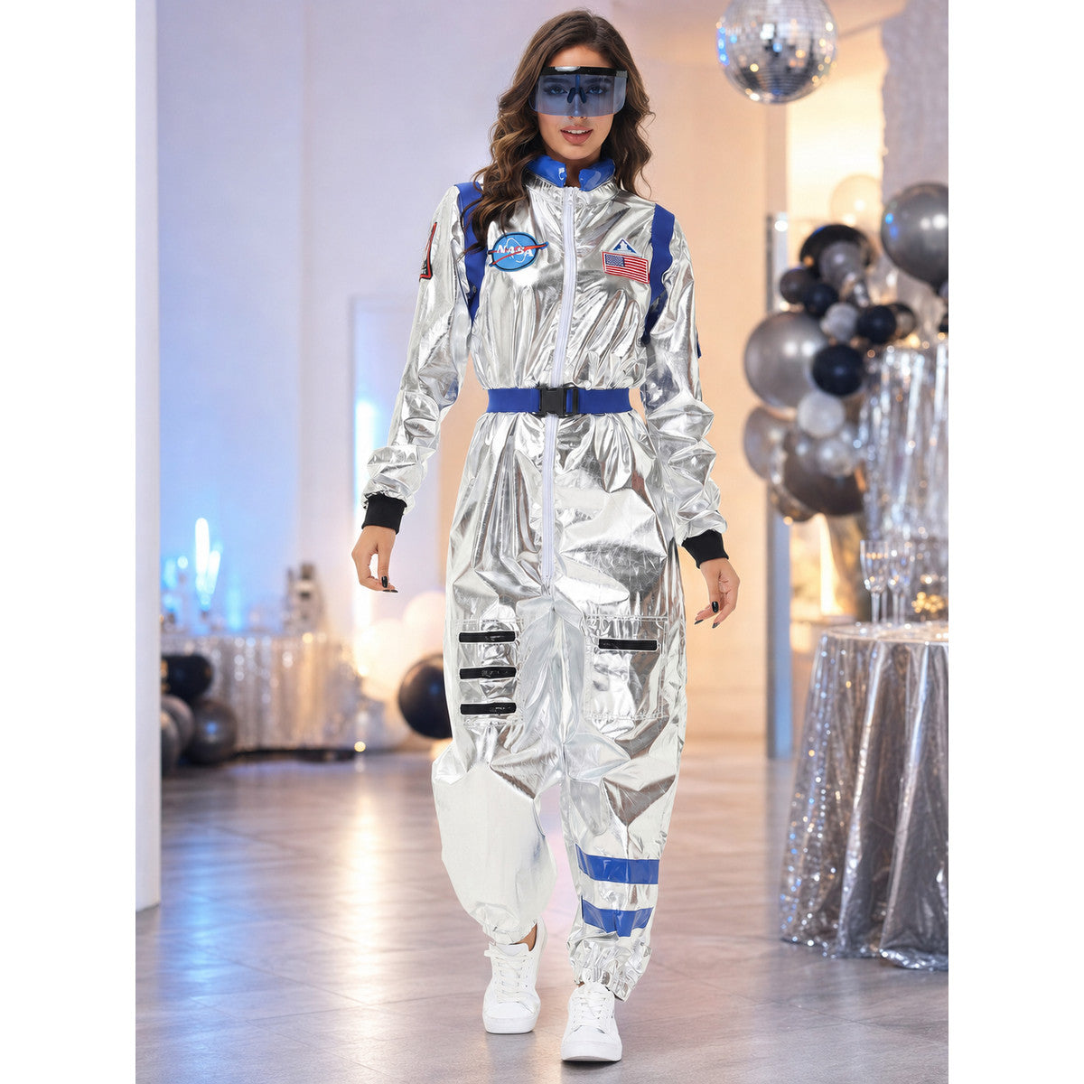Silver and blue one-piece astronaut costume for cosplay lifestyle view
